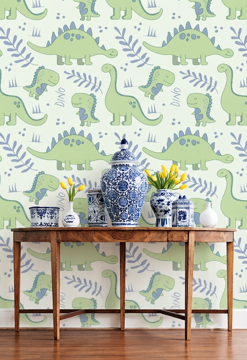 Cute Soft Green Dinosaur Nursery Wallpaper - Sage Leaves Kids Room Wall Mural