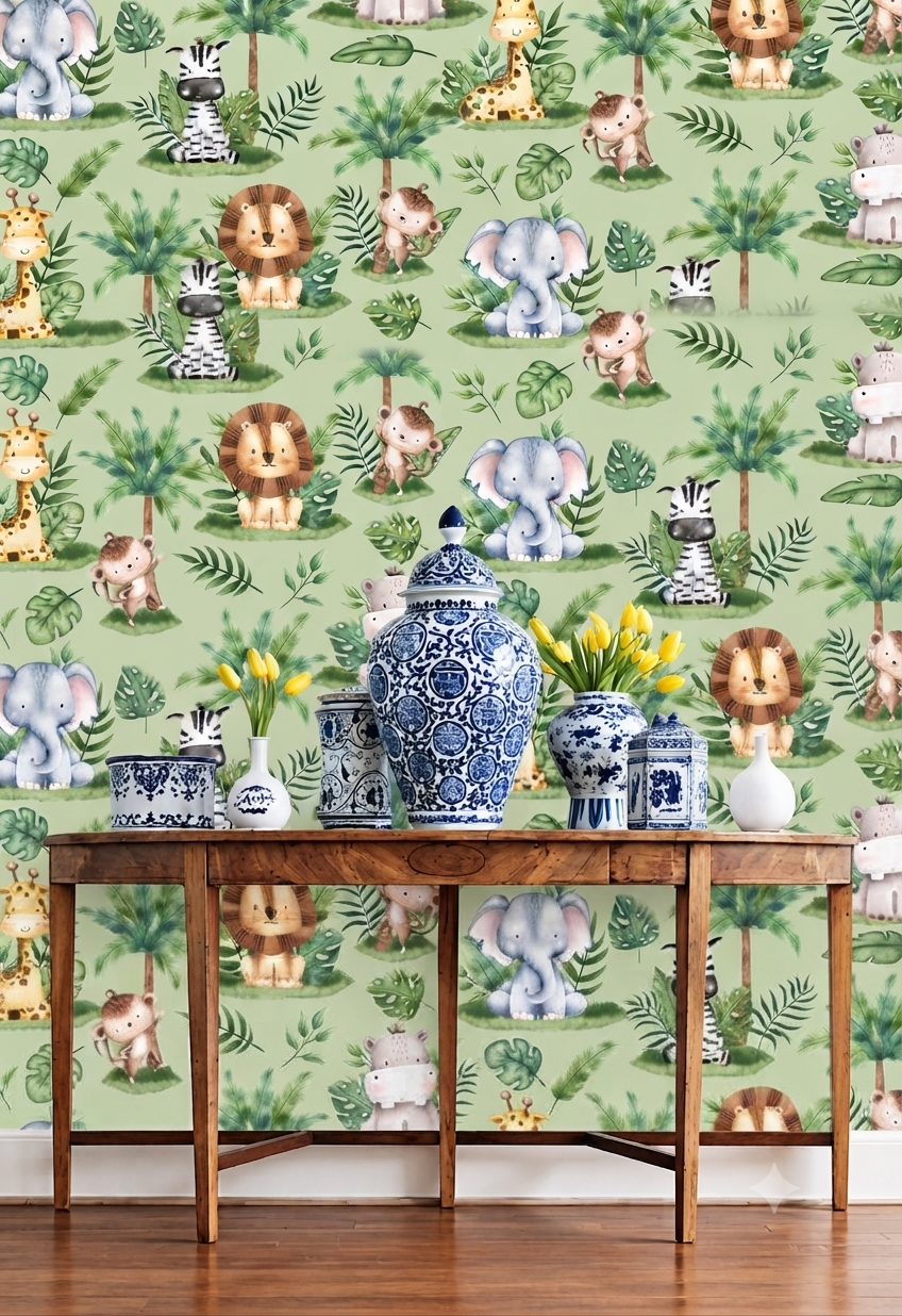 Cute Safari Jungle Animals Nursery Wallpaper - Sage Green Lion Elephant Wall Mural