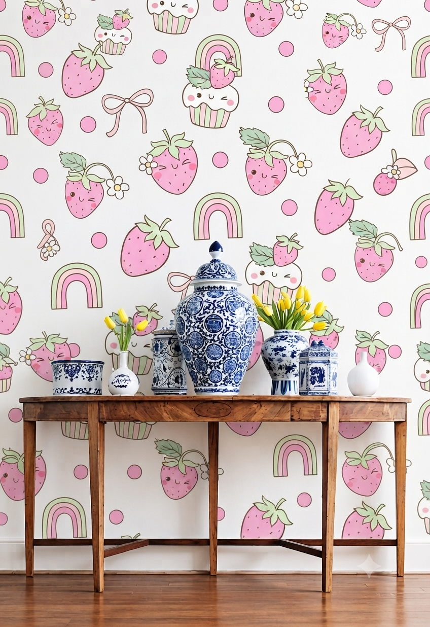 Cute Strawberry Cupcake & Rainbow Nursery Wallpaper - Sweet Treats Kids Room Wall Mural