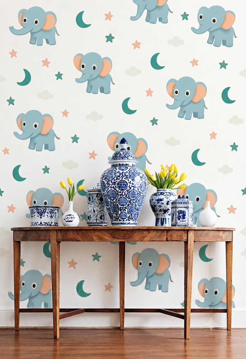 Cute Blue Elephant Nursery Wallpaper - Moon & Stars Kids Room Wall Mural