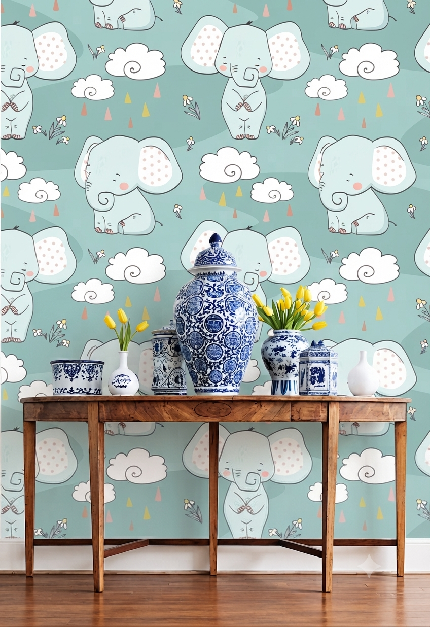 Cute Mint Green Elephant Nursery Wallpaper - Fluffy Clouds Kids Room Wall Mural