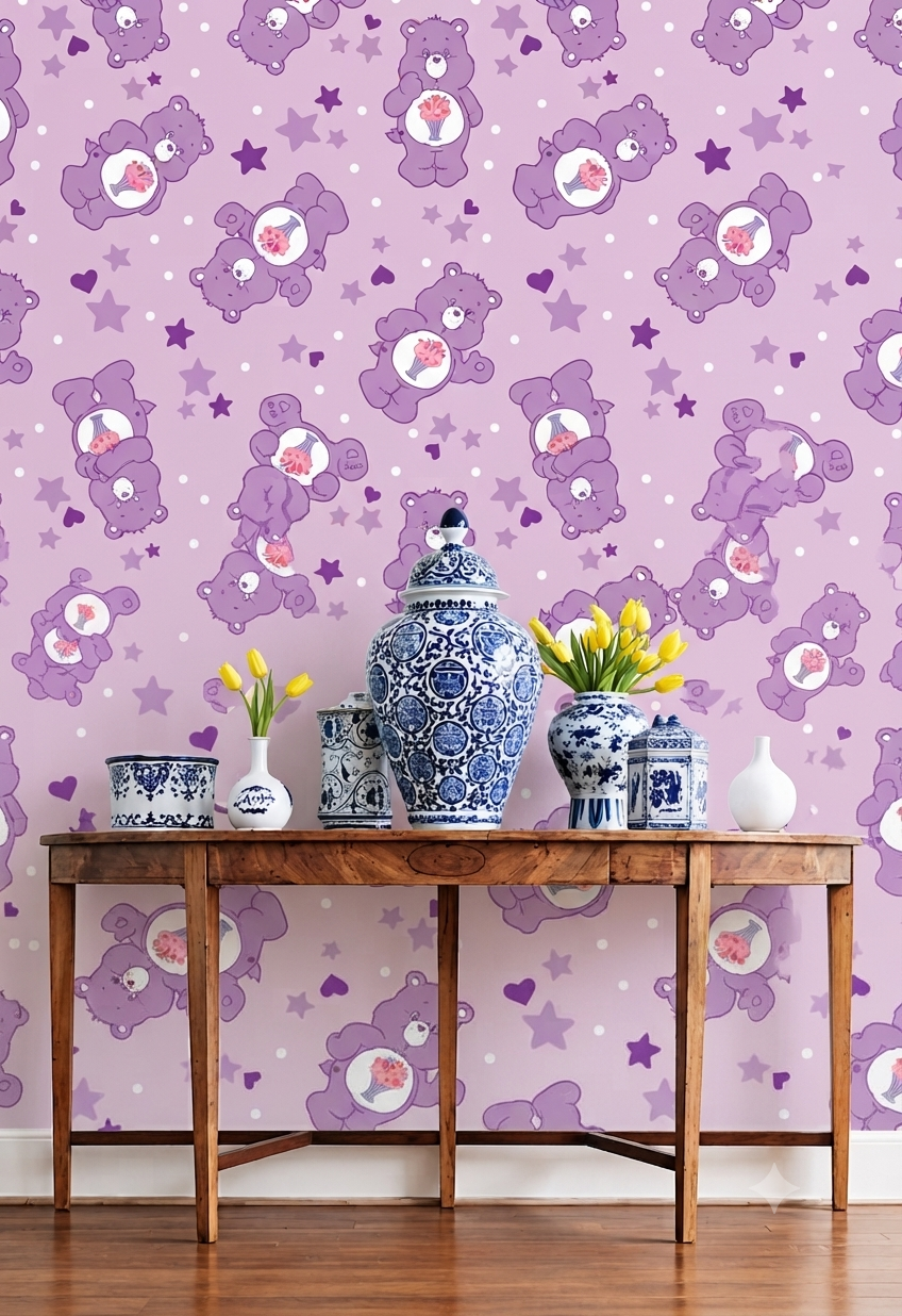 Cute Purple Teddy Bear Nursery Wallpaper - Pastel Purple Care Bear Stars & Hearts Kids Room Peel and Stick / Traditional Wall Mural