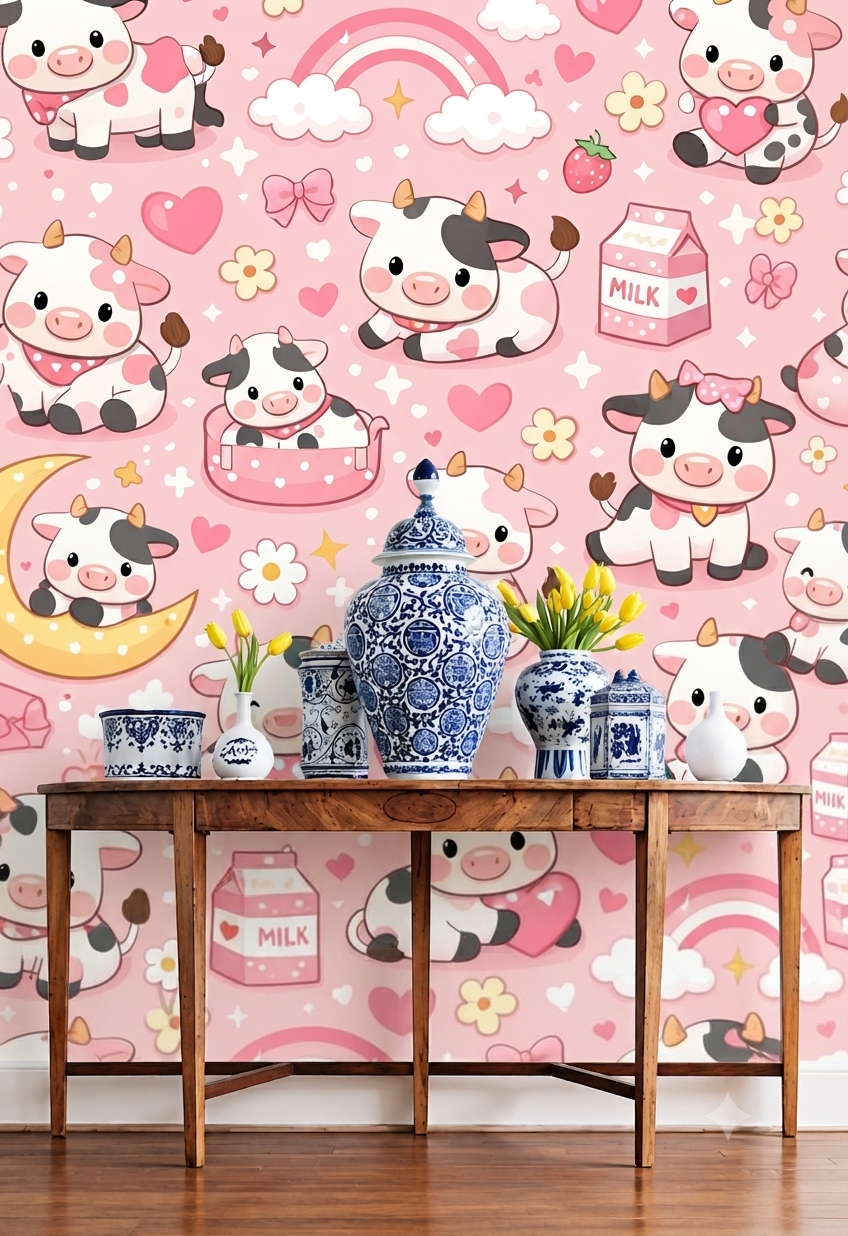 Cute Pink Kawaii Baby Cow Nursery Wallpaper - Strawberry Milk, Rainbows & Hearts Kids Room Peel and Stick / Traditional Wall Mural