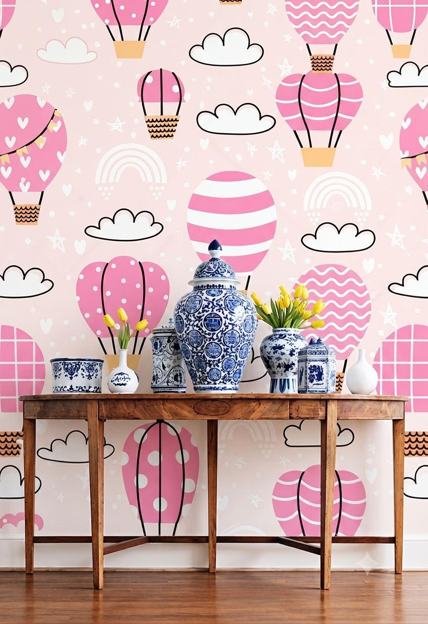 Pink Hot Air Balloon & Rainbow Nursery Wallpaper - Pastel Clouds & Stars Baby Girl Room Peel and Stick / Traditional Wall Mural