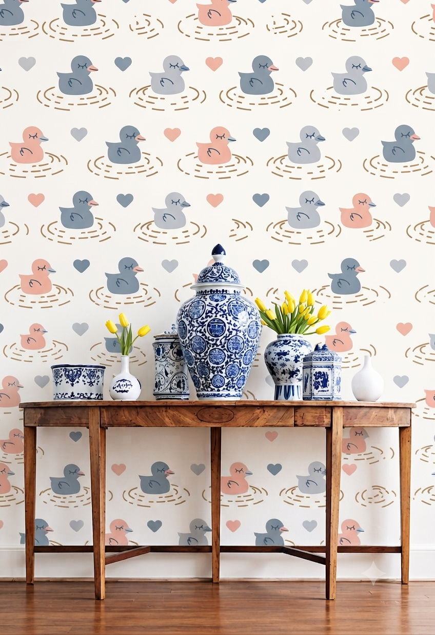 Cute Swimming Ducks & Hearts Nursery Wallpaper - Pastel Blue & Pink Duckling Kids Room Peel and Stick / Traditional Wall Mural