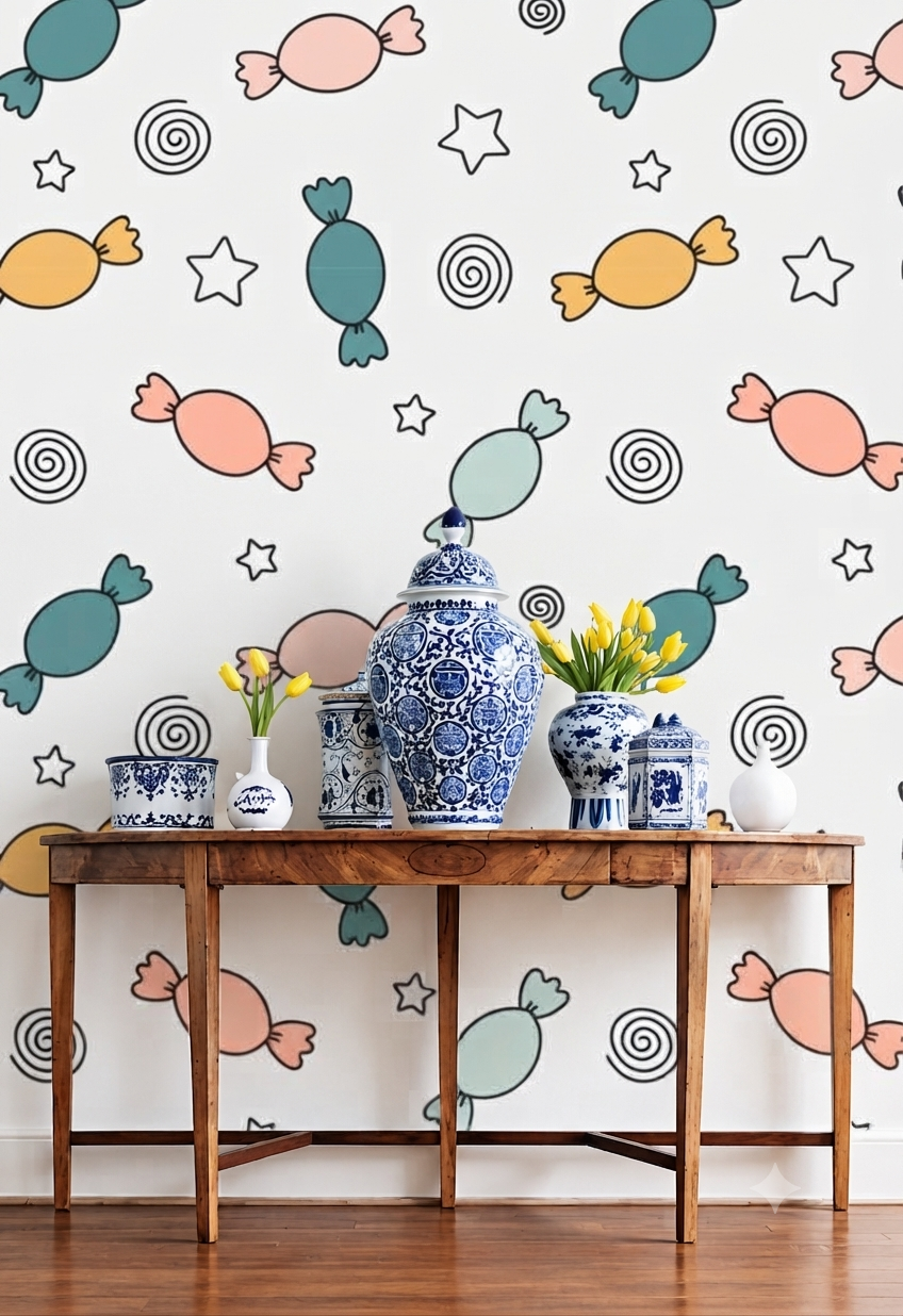 Colorful Candy & Swirls Nursery Wallpaper - Pastel Sweet Treats Kids Room Peel and Stick / Traditional Wall Mural