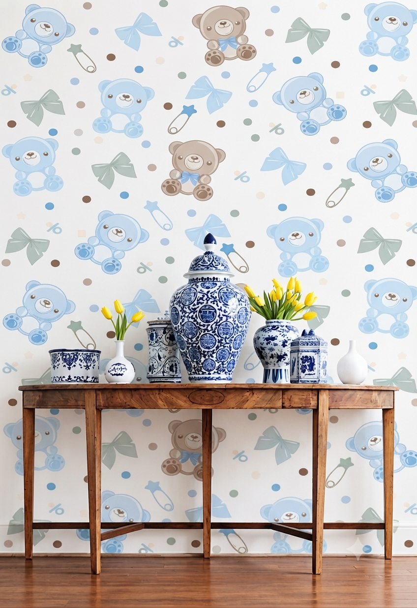 Cute Teddy Bear & Bows Nursery Wallpaper - Blue & Brown Pastel Baby Boy Room Peel and Stick / Traditional Wall Mural