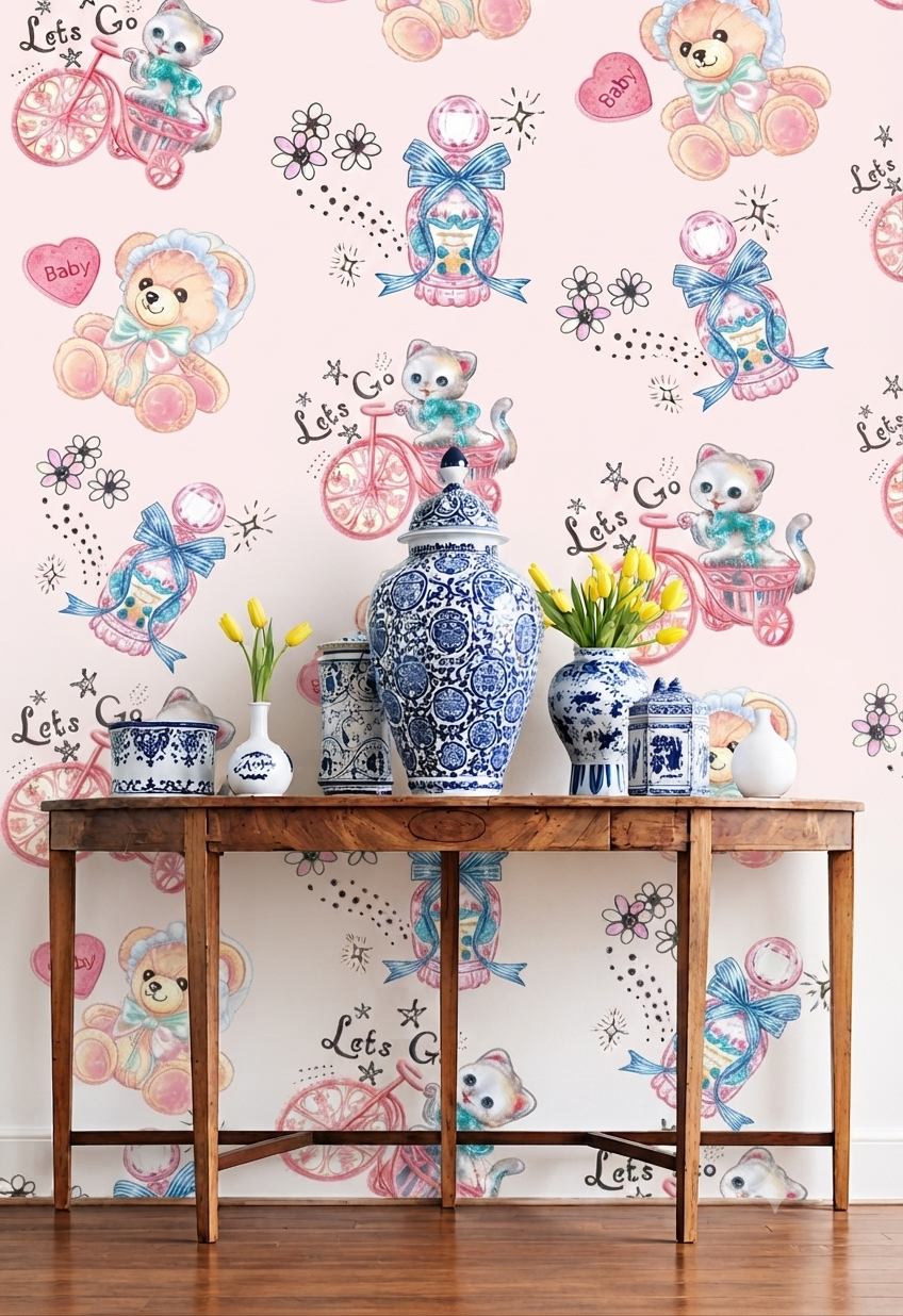 Vintage Baby Teddy Bear & Bicycle Cat Wallpaper - Pastel Pink Nursery Peel and Stick / Traditional Wall Mural