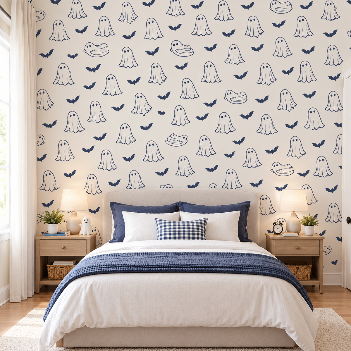 Cute Spooky Ghost & Bat Removable Wallpaper | Halloween & Nursery Accent Wall Decor | Peel and Stick / Traditional Wallpaper