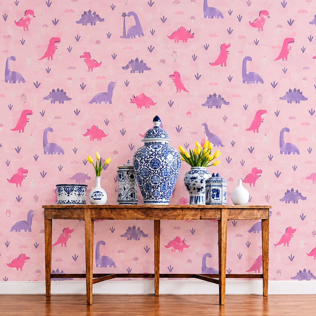 Pink Dinosaur Removable Wallpaper | Cute Watercolor Dino Nursery & Playroom Accent Wall | Peel and Stick / Traditional Wallpaper