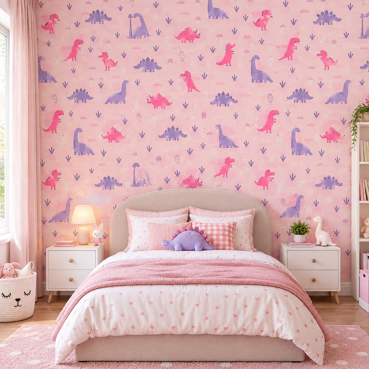 Pink Dinosaur Removable Wallpaper | Cute Watercolor Dino Nursery & Playroom Accent Wall | Peel and Stick / Traditional Wallpaper