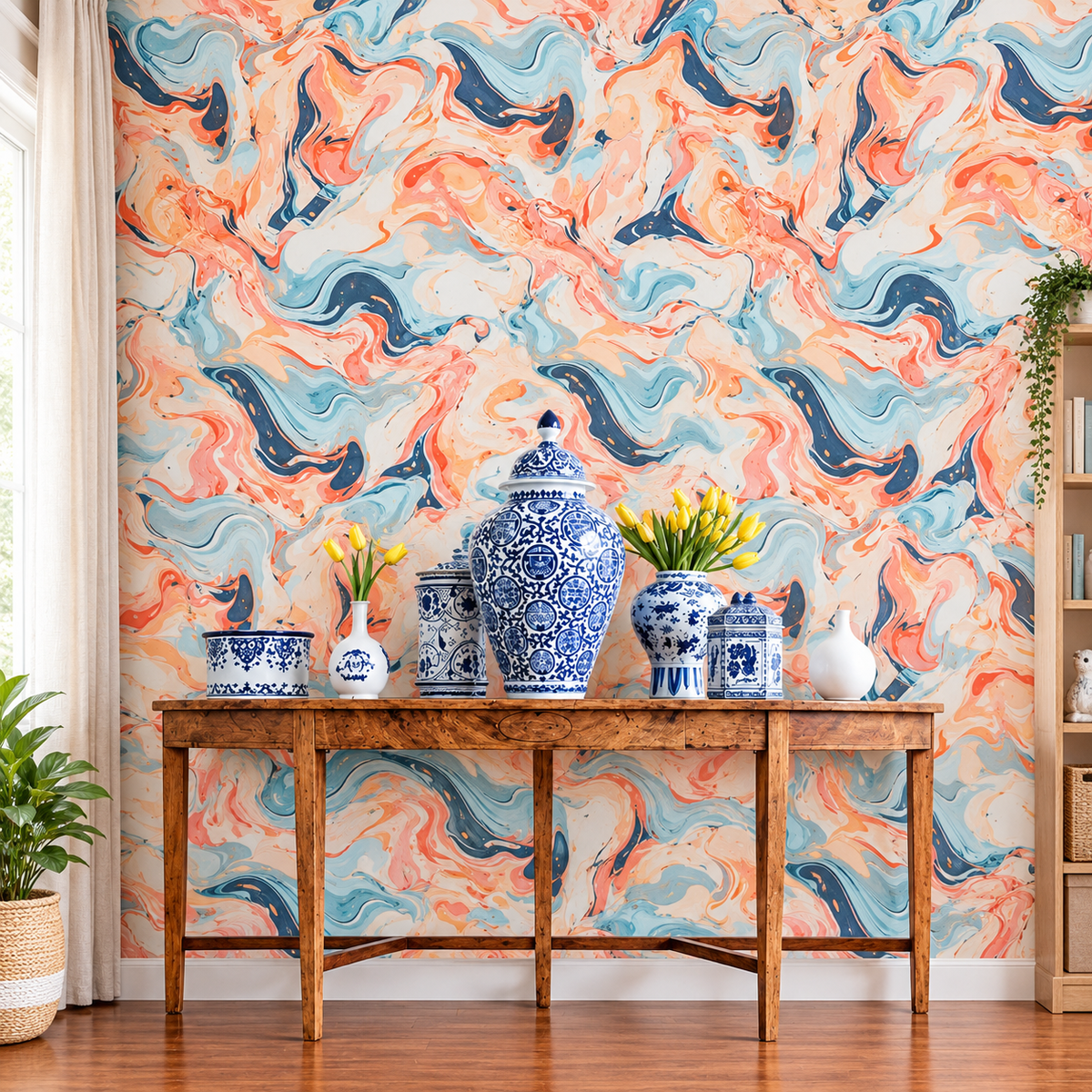 Blue and Coral Marble Swirl Wallpaper | Abstract Liquid Art Accent Wall | Peel and Stick / Traditional Wallpaper