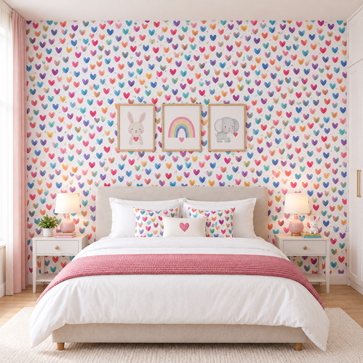 Colorful Pastel Hearts Wallpaper | Rainbow Heart Pattern Nursery Accent Wall | Peel and Stick / Traditional Wallpaper
