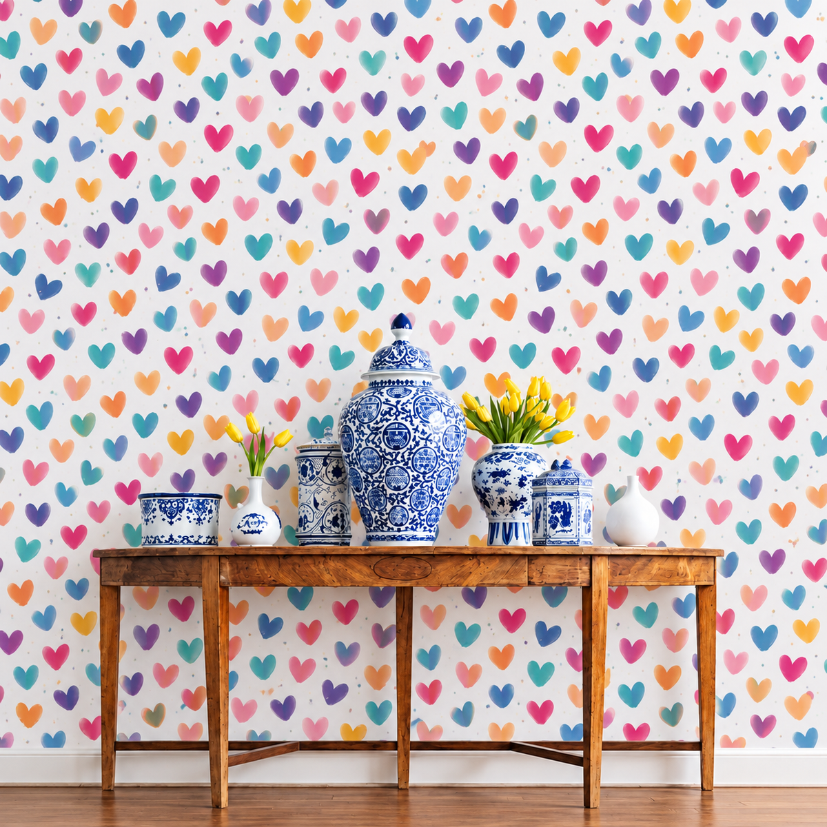 Colorful Pastel Hearts Wallpaper | Rainbow Heart Pattern Nursery Accent Wall | Peel and Stick / Traditional Wallpaper