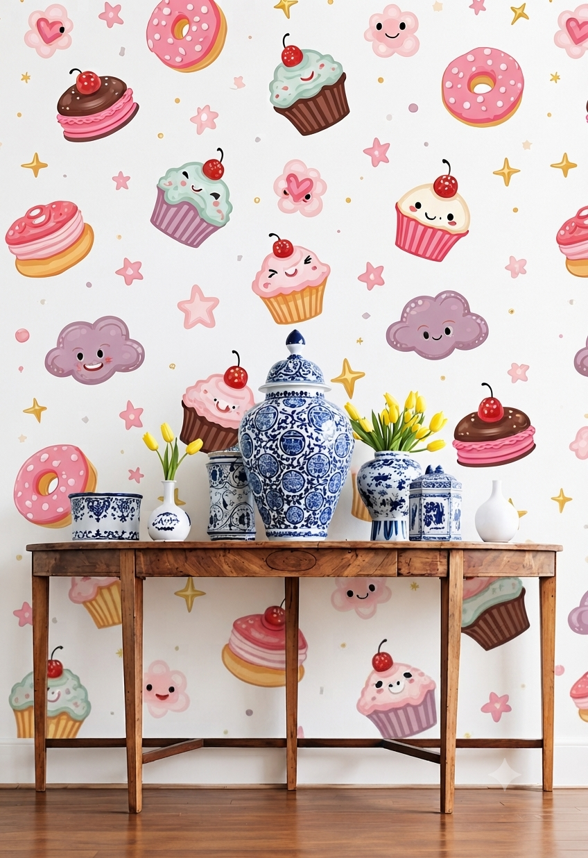 Cute Cupcake & Donut Cartoon Wallpaper | Kawaii Dessert, Cherry & Flower Printed Decorative Wall Wallpaper for Kids Room & Nursery