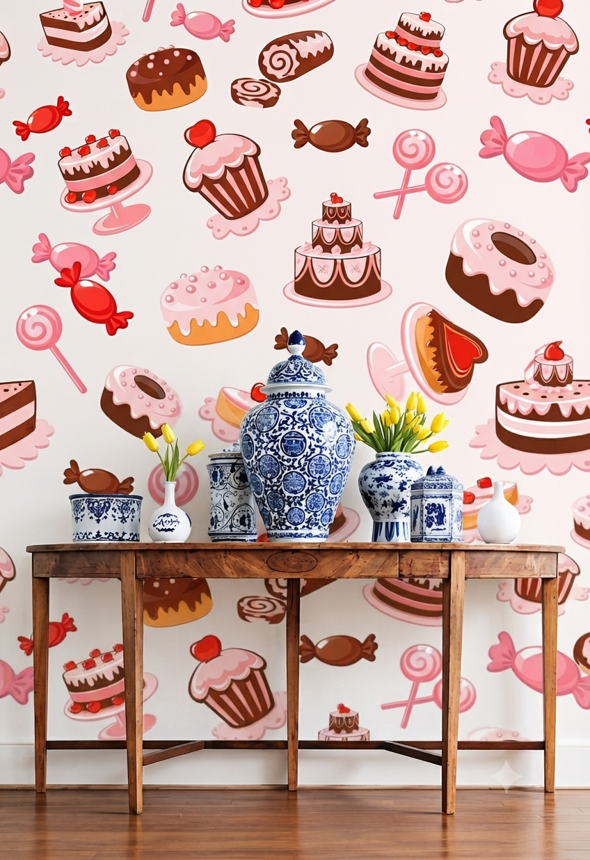 Cute Cake & Candy Cartoon Wallpaper | Kawaii Dessert, Cupcake, Donut & Lollipop Printed Decorative Wall Wallpaper