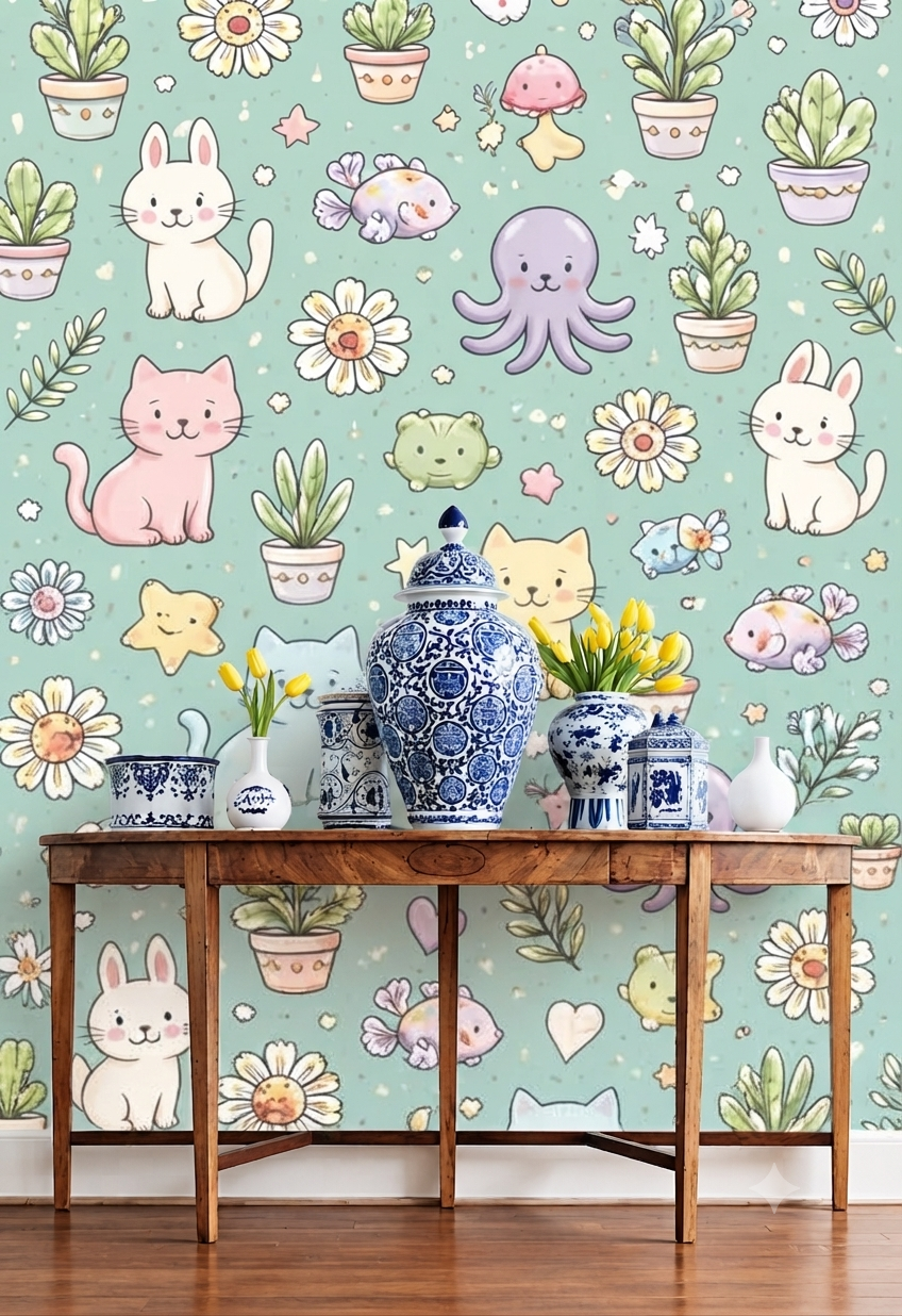 Cute Kawaii Animal & Floral Wallpaper | Bunny, Cat, Octopus, Fish & Plant Printed Decorative Wall Wallpaper