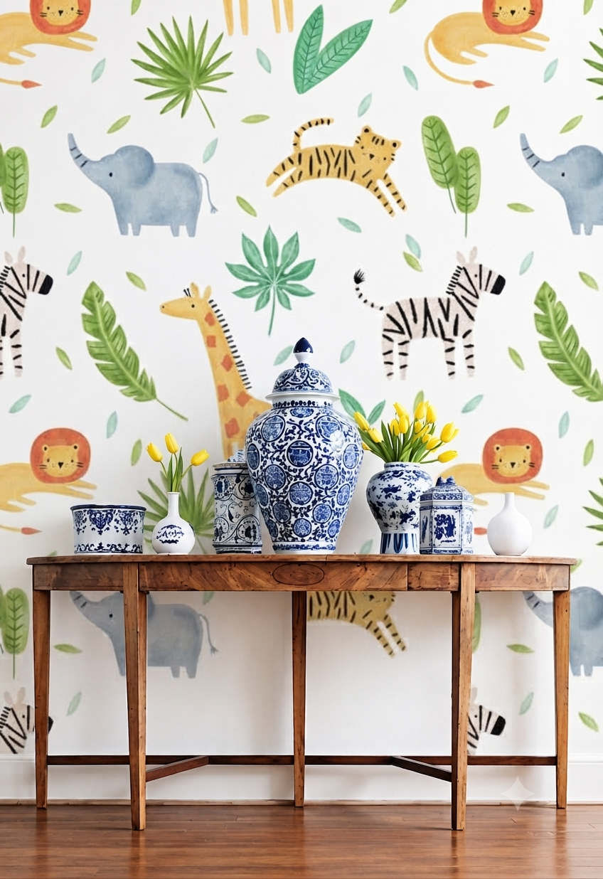 Cute Safari Animal Wallpaper | Elephant, Giraffe, Zebra, Tiger & Lion Printed Jungle Theme Decorative Wall Wallpaper
