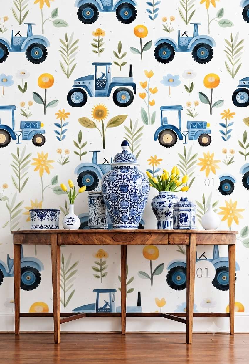 Cute Tractor & Floral Wallpaper | Blue Tractor, Flowers & Botanical Printed Decorative Wall Wallpaper for Kids Room & Nursery
