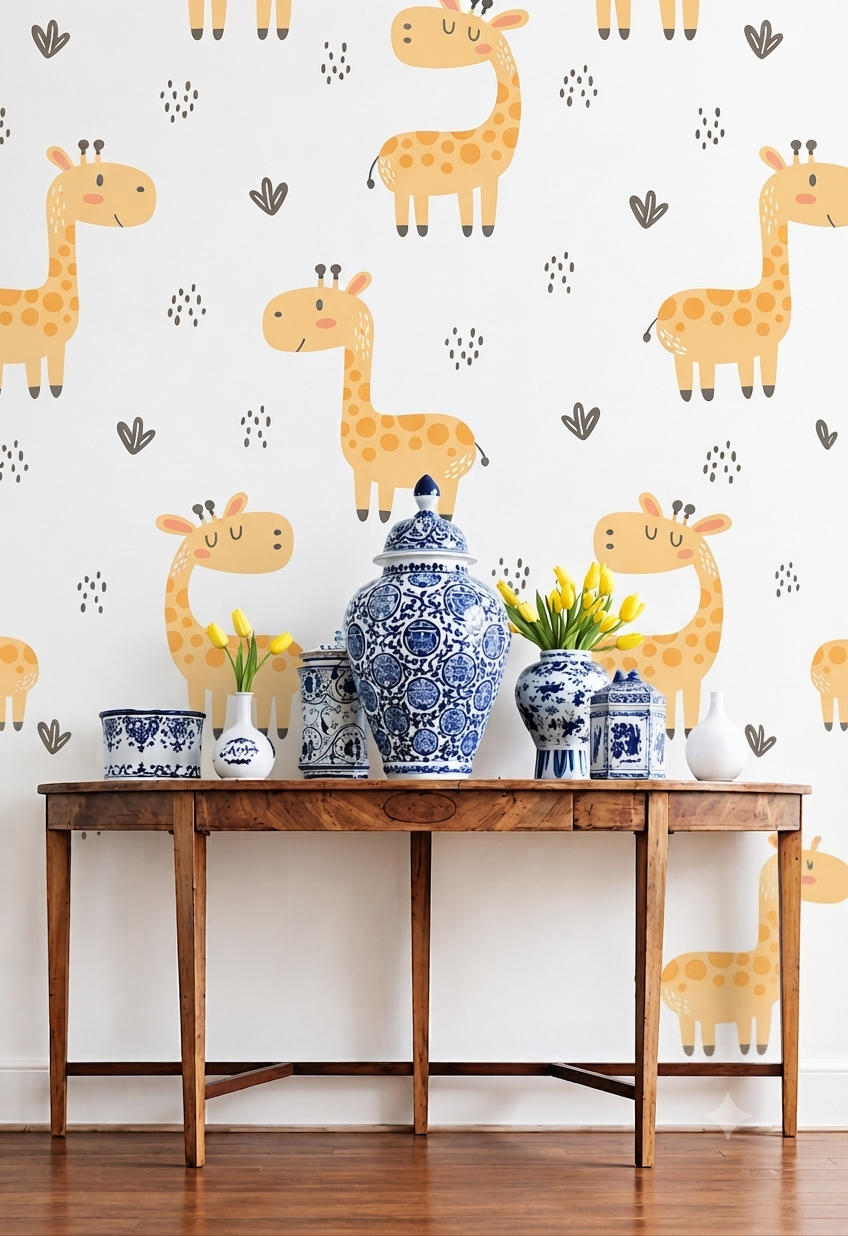 Cute Giraffe Cartoon Wallpaper | Adorable Giraffe Printed Decorative Wall Wallpaper for Kids Room & Nursery