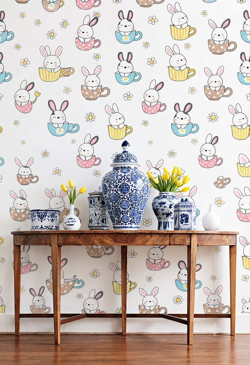 Cute Bunny Cartoon Wallpaper | Adorable Rabbit in Tea Cup, Floral & Pastel Printed Decorative Wall Wallpaper