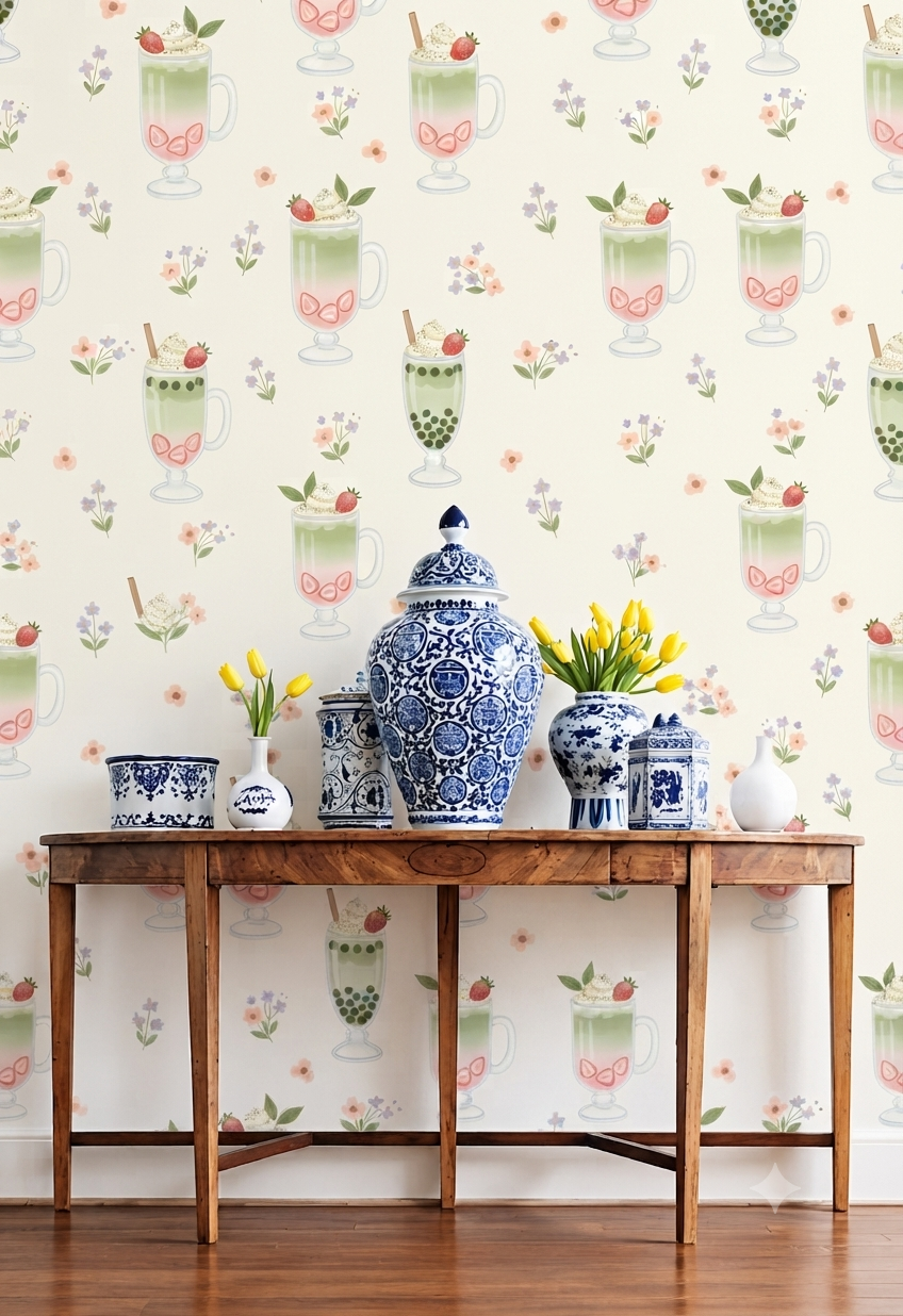 Green Smoothie & Milkshake Kitchen Wallpaper | Cute Fruit Drink, Floral & Beverage Printed Decorative Wall Wallpaper