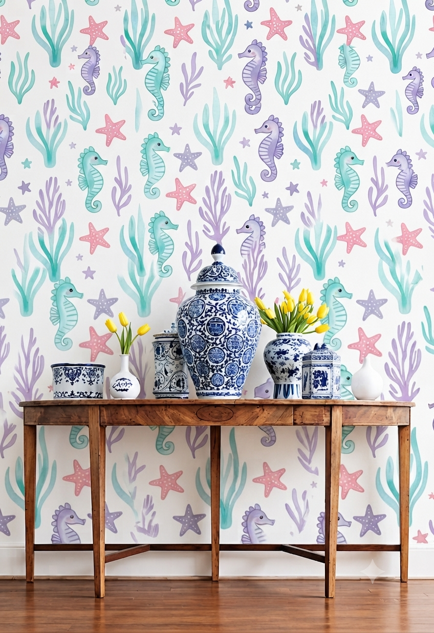 Underwater Sea Life Wallpaper | Seahorse, Starfish, Seaweed & Ocean Theme Printed Decorative Wall Wallpaper