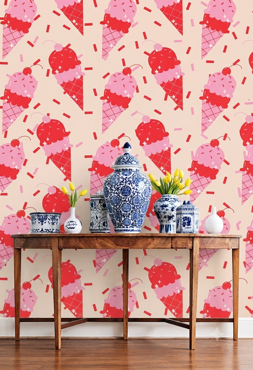 Ice Cream Cone Wallpaper | Cute Pink Ice Cream, Cherry & Sprinkle Printed Decorative Wall Wallpaper