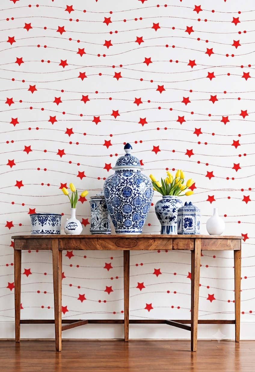 Red Star Wallpaper | Red Star & Wavy Line Printed Decorative Wall Wallpaper