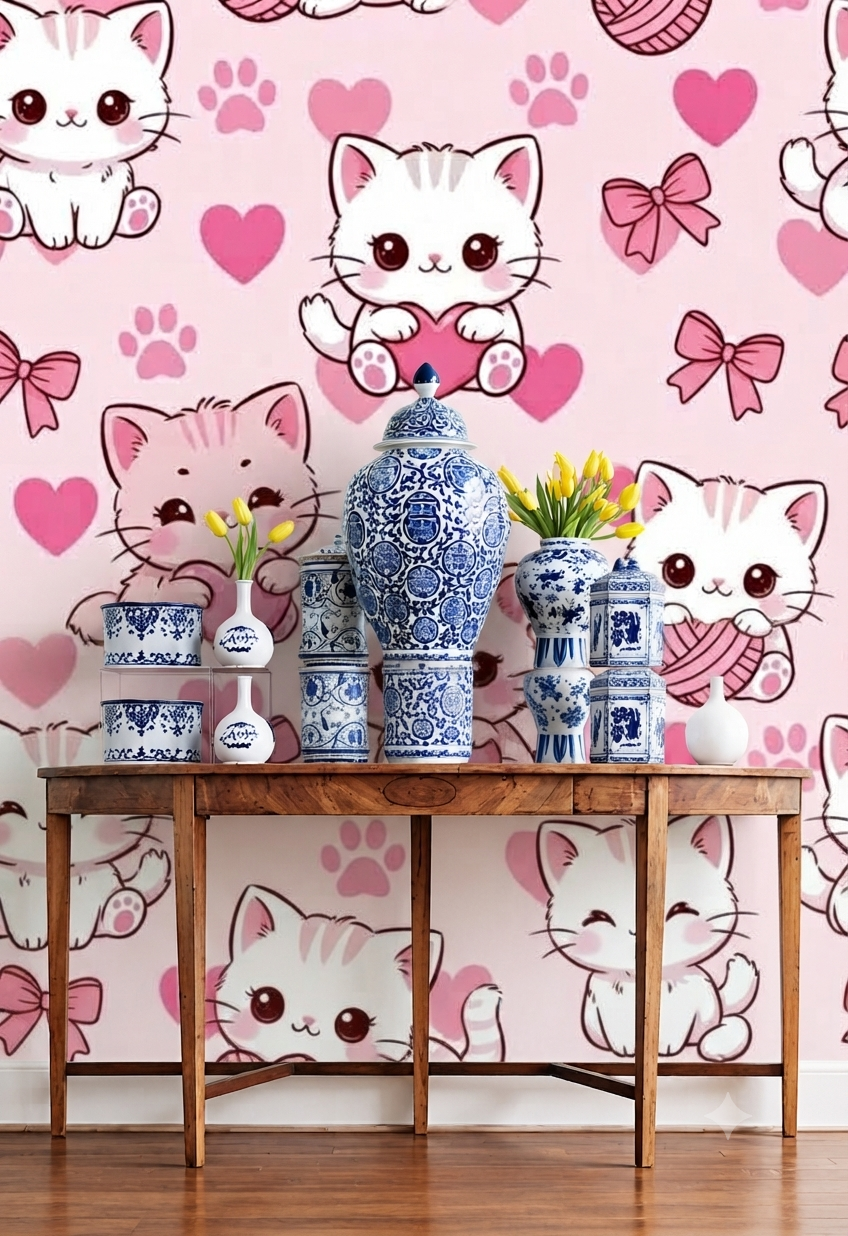 Cute Cat Cartoon Pink Wallpaper | Kawaii Kitty Heart & Bow Printed Decorative Wall Wallpaper for Kids Room & Nursery.