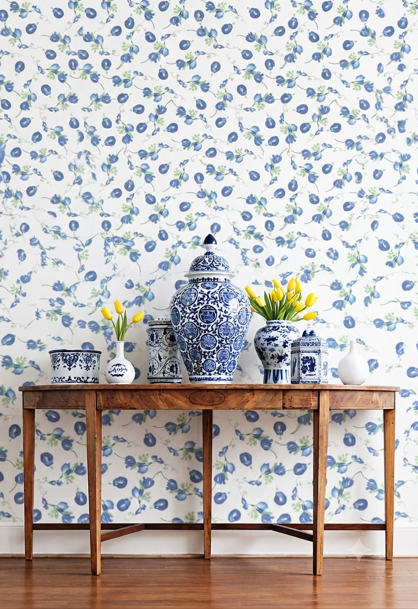 Blue Floral Wallpaper | Blue Flower & Leaf Printed Decorative Wall Wallpaper