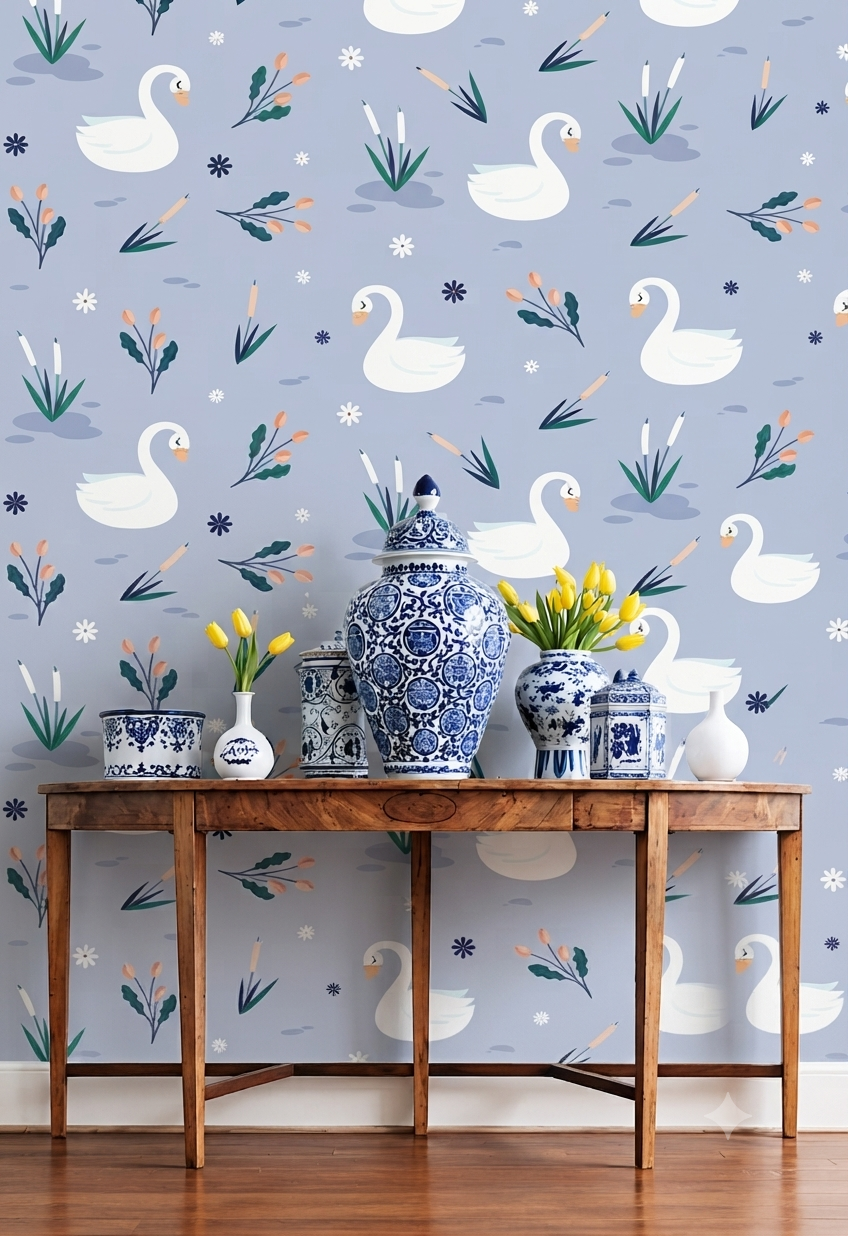 Swan Wallpaper | White Swan, Cattail & Floral Printed Decorative Wall Wallpaper
