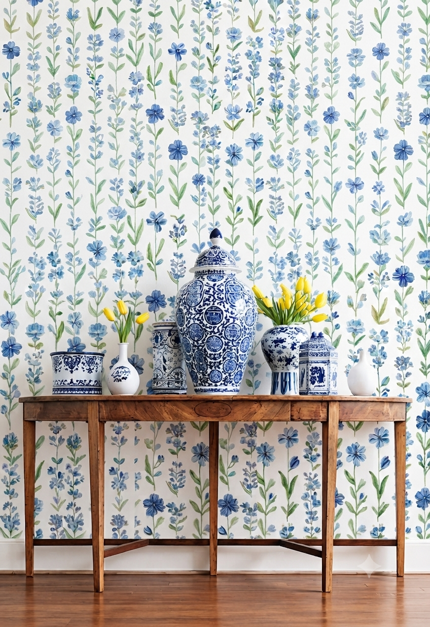 Blue Floral Vine Wallpaper | Blue Flower & Green Leaf Printed Decorative Wall Wallpaper
