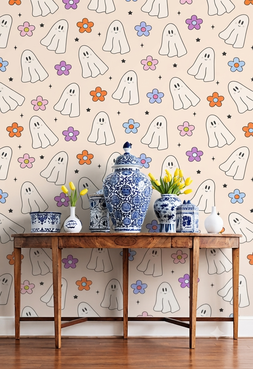 Cute Ghost Wallpaper | Cartoon Ghost, Colorful Flower & Star Printed Wall Wallpaper