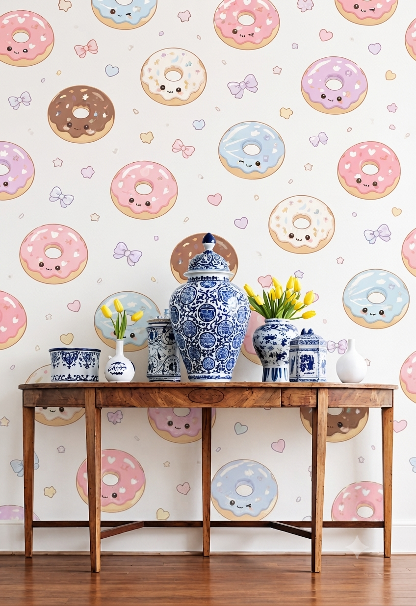 Cute Donut Cartoon Wallpaper | Kawaii Donuts, Hearts & Bows Printed Decorative Wall Wallpaper for Kids Room & Nursery.