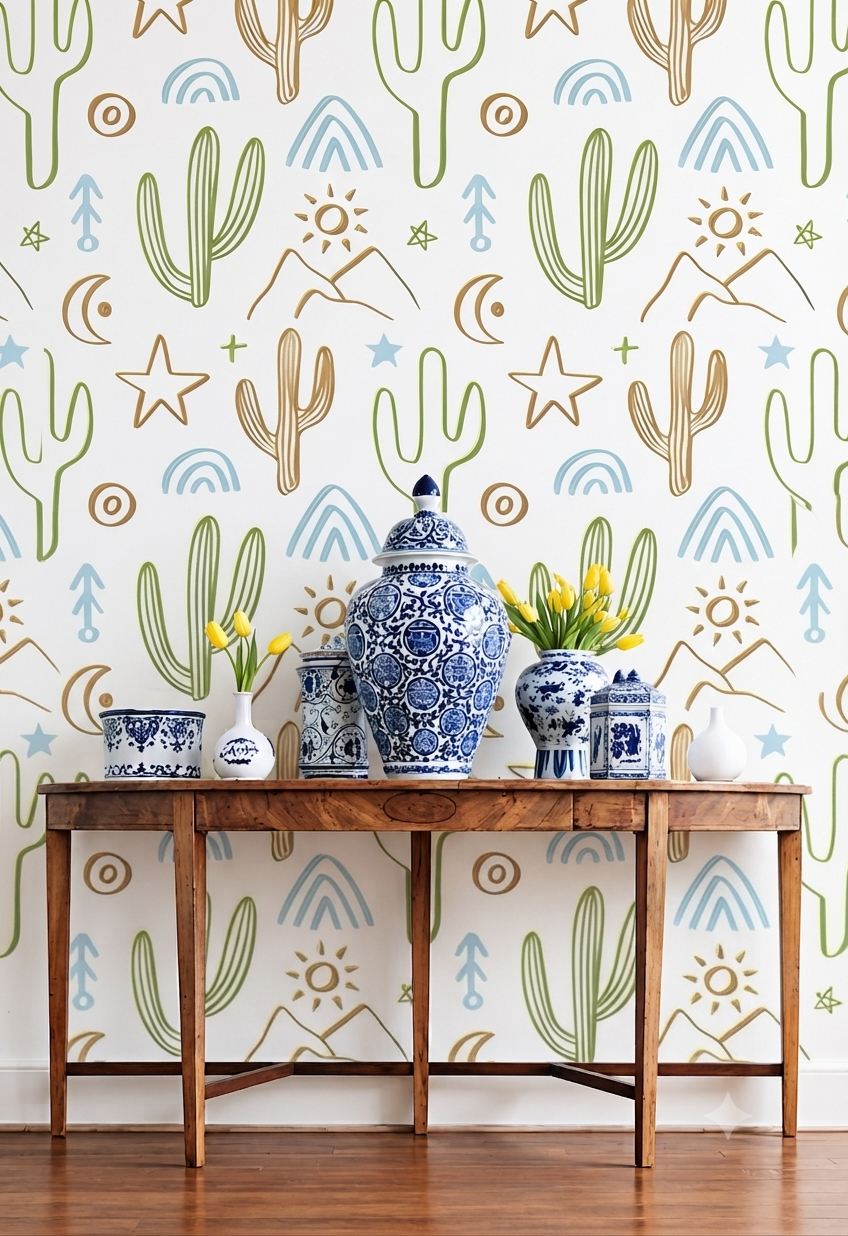 Cactus & Desert Wallpaper | Cactus, Mountain, Rainbow, Sun & Star Printed Decorative Wall Wallpaper