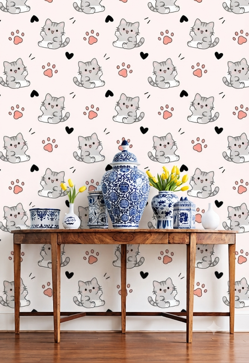 Cute Grey Cat Wallpaper | Cartoon Kitten, Paw Print & Heart Pattern Decorative Wall Wallpaper for Kids Room, Nursery & Playroom