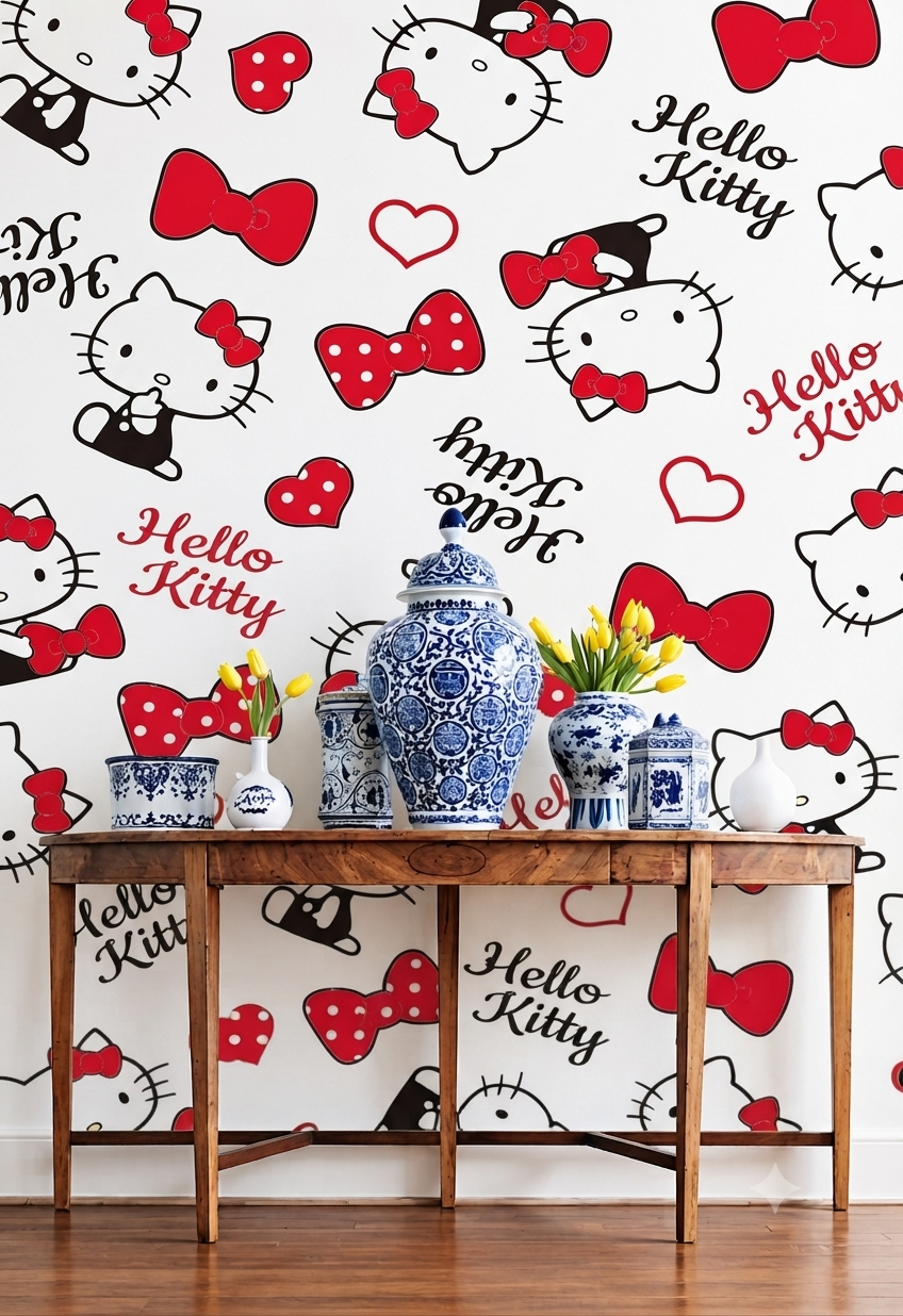 Hello Kitty Red Bow Cartoon Wall Wallpaper for Kids Room, Bedroom & Playroom – Decorative Wall Covering