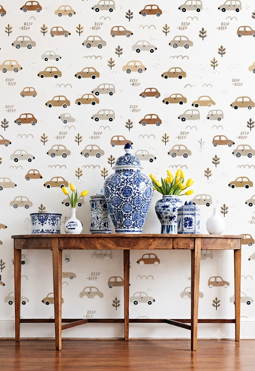 Cute Car & Road Theme Wall Wallpaper for Kids Room, Nursery & Playroom – Beige Brown Cartoon Vehicle Pattern