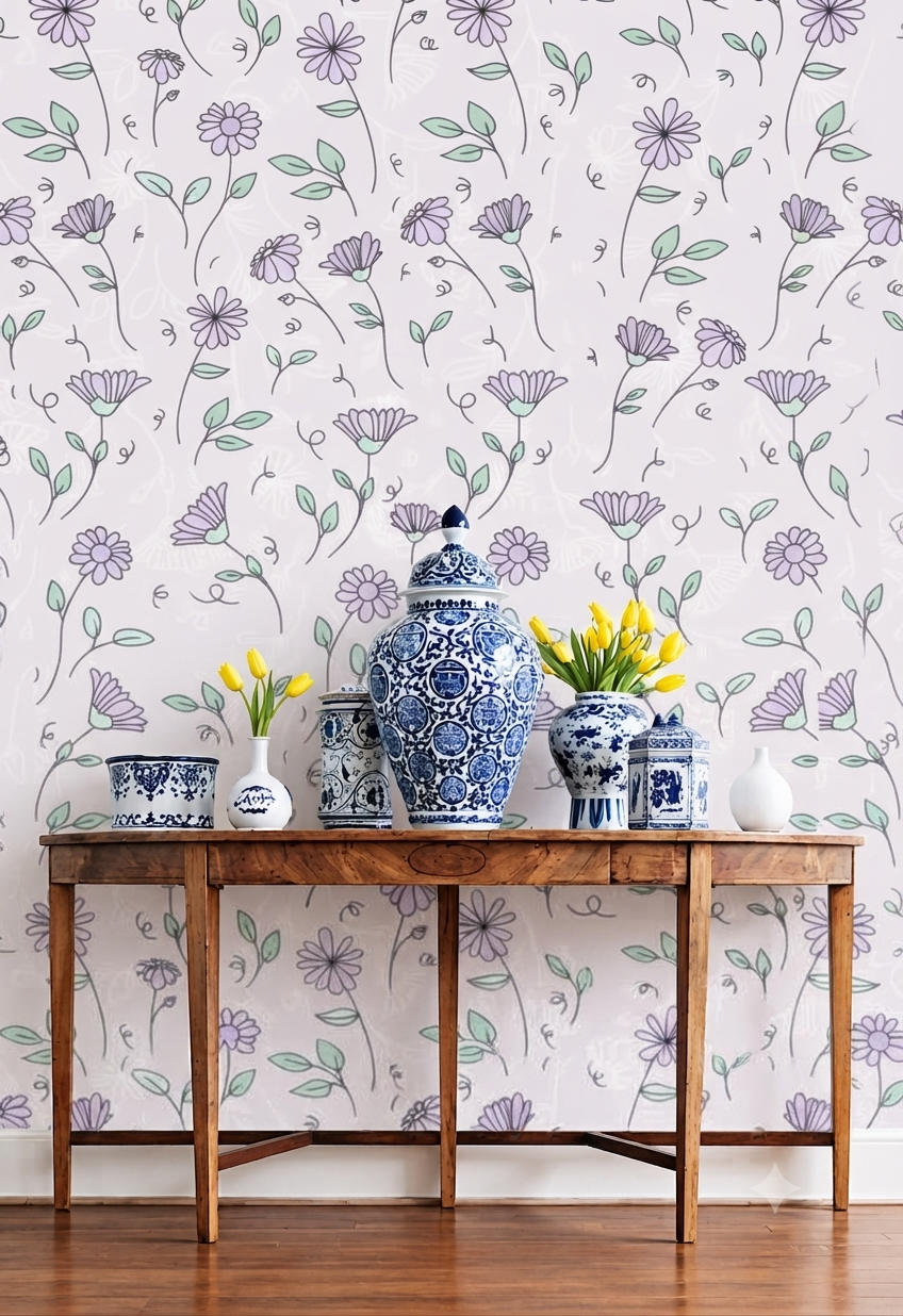 Purple Floral & Green Leaf Wall Wallpaper for Bedroom, Kids Room & Nursery – Soft Botanical Flower Pattern