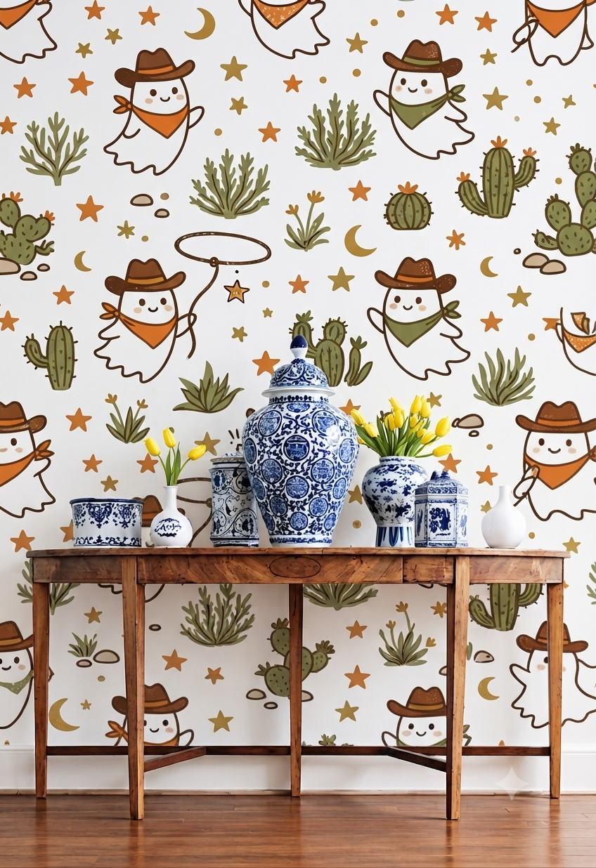 Cute Cowboy Ghost & Cactus Wall Wallpaper for Kids Room, Bedroom & Playroom – Western Desert Theme Decorative Wallpaper