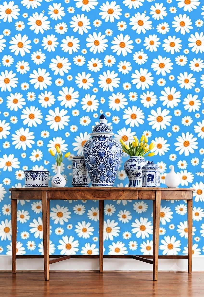 Blue Daisy Floral Wall Wallpaper for Bedroom, Kids Room & Nursery – White Flower Pattern Decorative Wall Covering