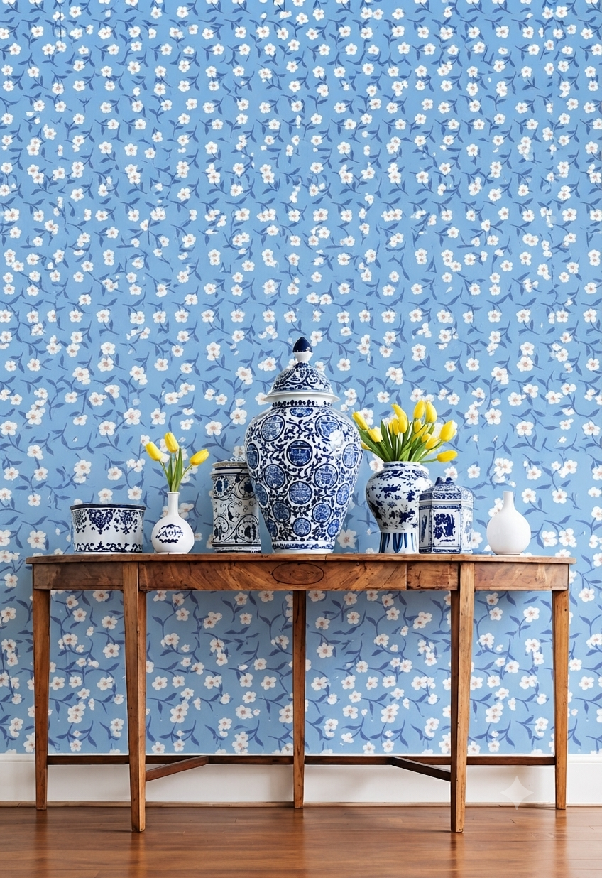 Blue Floral Vine Wall Wallpaper for Bedroom, Living Room & Kids Room – Small White Flower Botanical Pattern