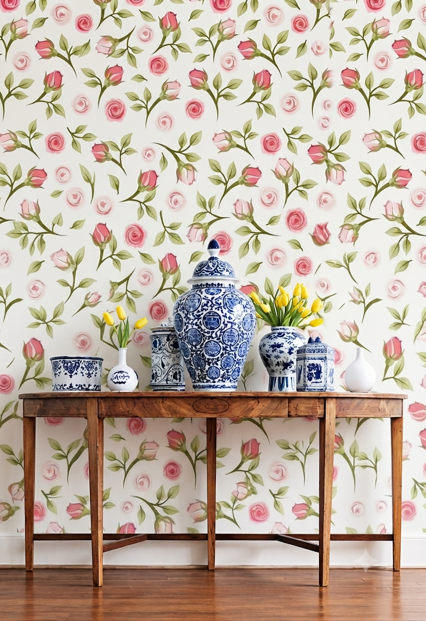 Pink Rose Floral Wall Wallpaper for Bedroom, Living Room & Kids Room – Elegant Rose Bud & Leaf Pattern Decorative Wallpaper