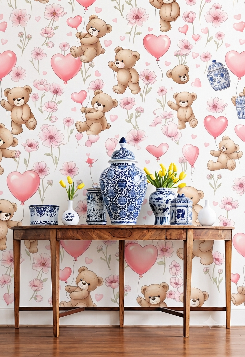 Cute Teddy Bear & Pink Balloon Floral Wall Wallpaper for Kids Room, Nursery & Bedroom – Heart & Flower Pattern