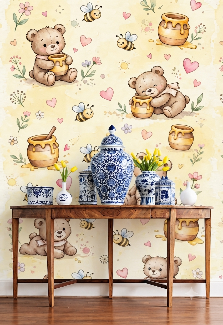 Cute Teddy Bear & Pink Balloon Floral Wall Wallpaper for Kids Room, Nursery & Bedroom – Heart & Flower Pattern