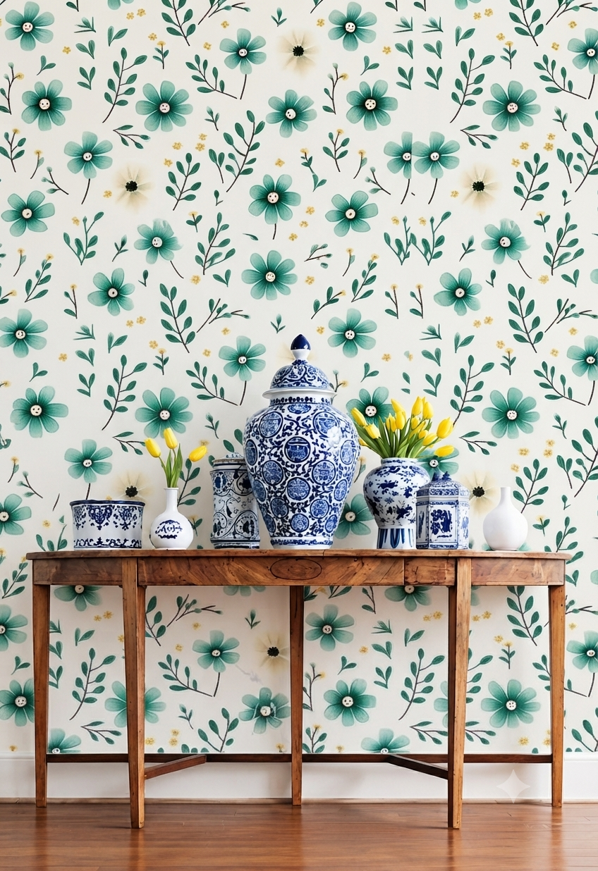 Green Floral & Leaf Wall Wallpaper for Bedroom, Living Room & Kids Room – Teal Flower Botanical Pattern Decorative Wallpaper
