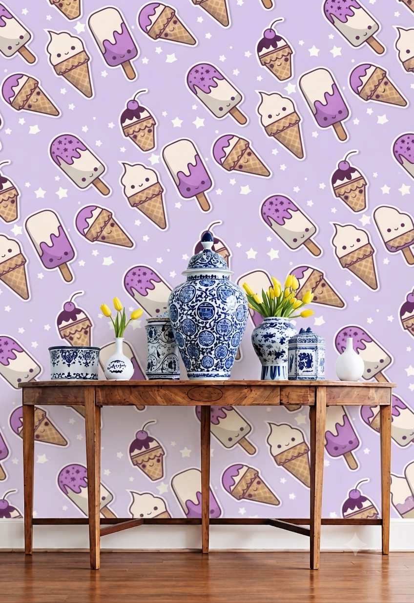 Cute Ice Cream & Popsicle Wall Wallpaper for Kids Room, Bedroom & Playroom – Purple Dessert & Star Pattern Decorative Wallpaper