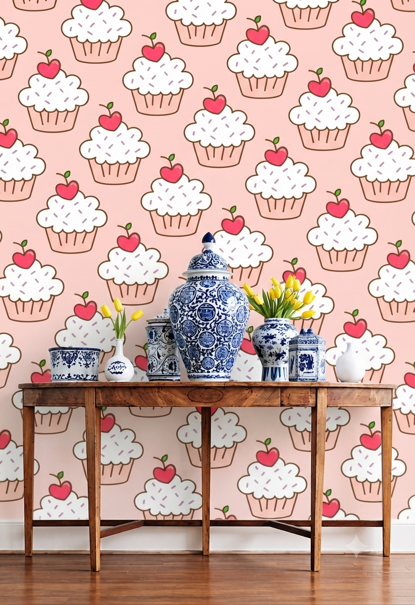 Cute Cupcake & Cherry Wall Wallpaper for Kids Room, Bedroom & Nursery – Pink Dessert Pattern Decorative Wallpaper