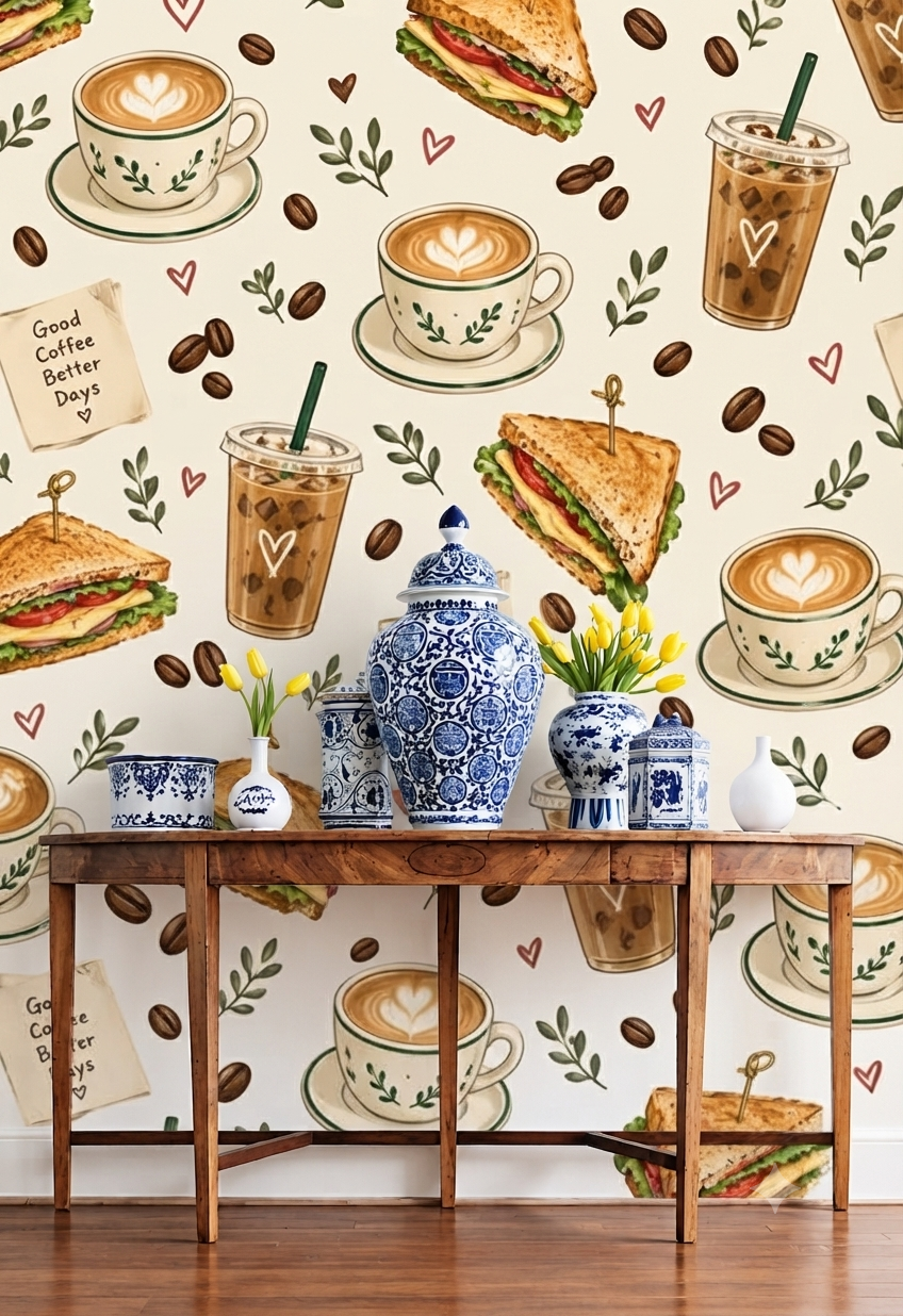 Coffee & Sandwich Café Wall Wallpaper for Kitchen, Café & Dining Room – Coffee Cup, Iced Coffee & Food Pattern